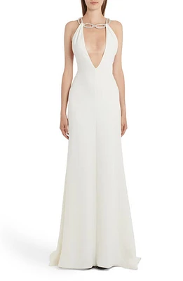 Valentino Garavani Crystal Strap Plunge Neck Silk Gown in U48-Avorio/Silver at Nordstrom, Size 8 Us