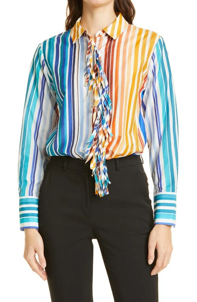 KOBI HALPERIN Bella Stripe Fringe Placket Cotton & Silk Blouse Blueberry Multi at Nordstrom,