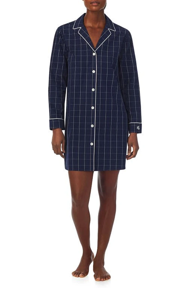 Lauren Ralph Lauren Glen Plaid Organic Cotton Sleepshirt in Navy Check at Nordstrom, Size Medium