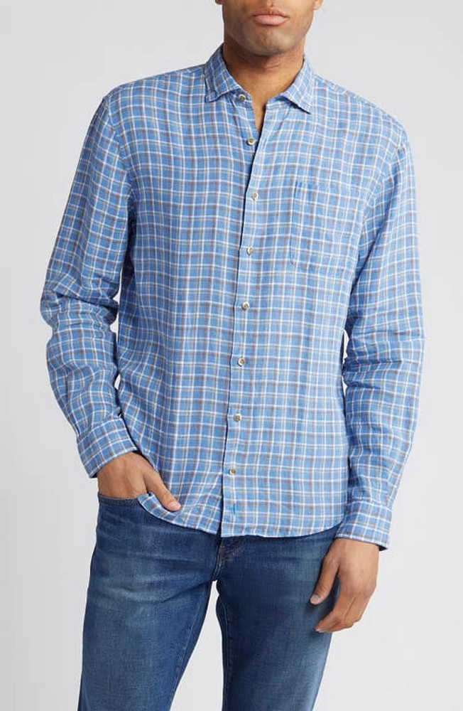 johnnie-O Omar Check Linen Button-Up Shirt Wake at Nordstrom,