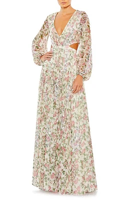 Mac Duggal Floral Sequin Long Sleeve Lace-Up Back Mesh Gown Ivory White Multi at Nordstrom,