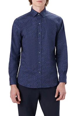 Bugatchi Shaped Fit Geometric Print Stretch Cotton Button-Up Shirt in Plum at Nordstrom, Size Large