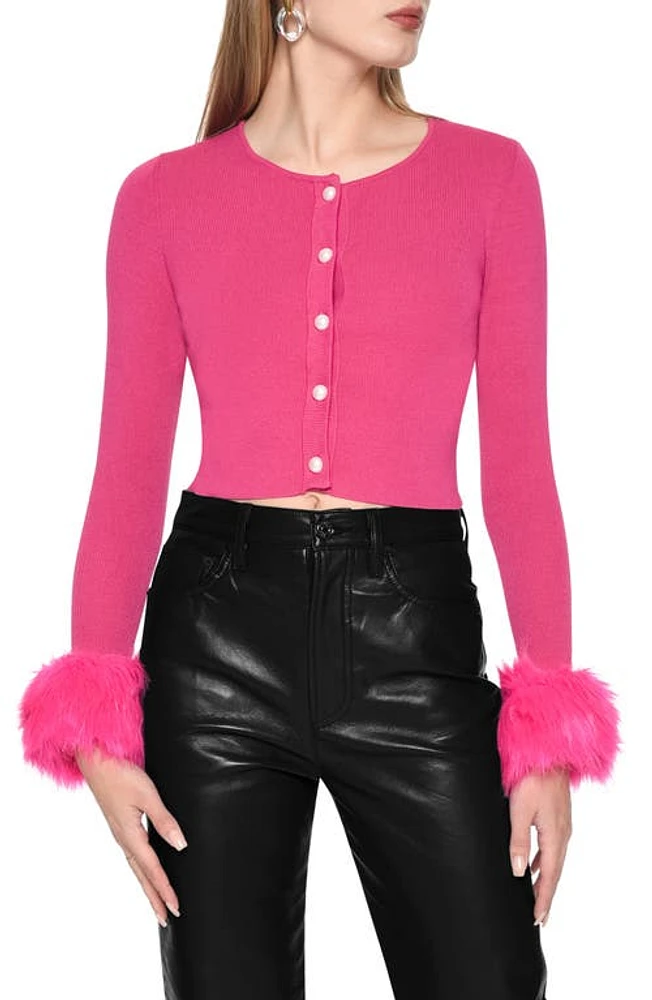 WAYF Nova Faux Fur Cuff Crop Cardigan in Fuchsia at Nordstrom, Size Medium