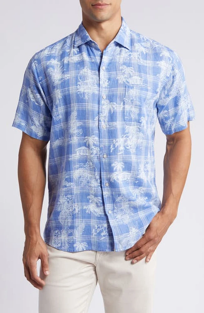 Peter Millar Shoreside Tropical Print Short Sleeve Linen Button-Up Shirt Maritime at Nordstrom,