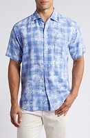 Peter Millar Shoreside Tropical Print Short Sleeve Linen Button-Up Shirt Maritime at Nordstrom,