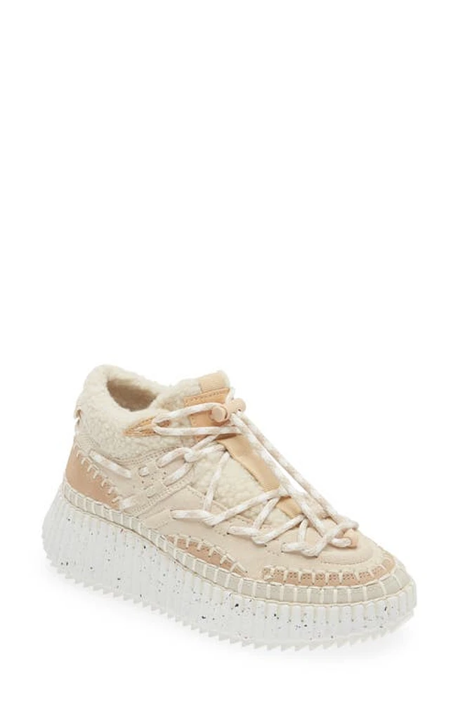 Chloé Nama Genuine Shearling Collar Platform Sneaker Pearl Beige at Nordstrom,