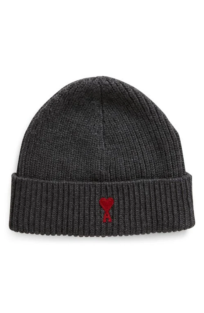 AMI PARIS Ami de Coeur Embroidered Wool Beanie in Heather Grey/Red/084 at Nordstrom