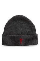 AMI PARIS Ami de Coeur Embroidered Wool Beanie in Heather Grey/Red/084 at Nordstrom