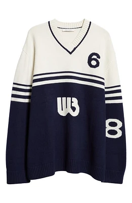 Wales Bonner Motif Colorblock Wool Sweater Ivory And Navy at Nordstrom,