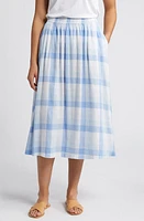 caslon(r) Check Linen Blend Midi Skirt Blue-White Multi at Nordstrom,