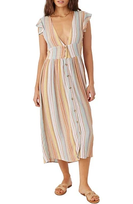 O'Neill Rainey Stripe Flutter Sleeve Midi Dress Multi Colored at Nordstrom,