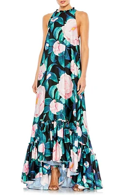 Mac Duggal Floral Print High-Low Ruffle Hem Gown Black Multi at Nordstrom,