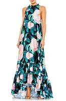 Mac Duggal Floral Print High-Low Ruffle Hem Gown Black Multi at Nordstrom,