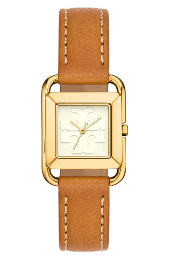 Tory Burch The Miller Square Leather Strap Watch, 24mm in Ivory/gold/cammello at Nordstrom