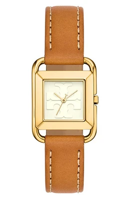 Tory Burch The Miller Square Leather Strap Watch, 24mm in Ivory/gold/cammello at Nordstrom