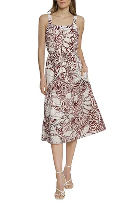 Maggy London Leaf Print Cotton Midi Sundress Beige/Maroon at Nordstrom,