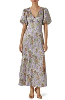 ASTR the Label Floral Puff Sleeve Satin Maxi Dress in Purple Green Floral Abstract at Nordstrom, Size Medium