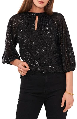 Vince Camuto Sequin Keyhole Neck Blouse Rich Black at Nordstrom,