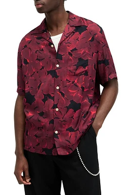 AllSaints Kaza Relaxed Fit Floral Camp Shirt Sangria Red at Nordstrom,