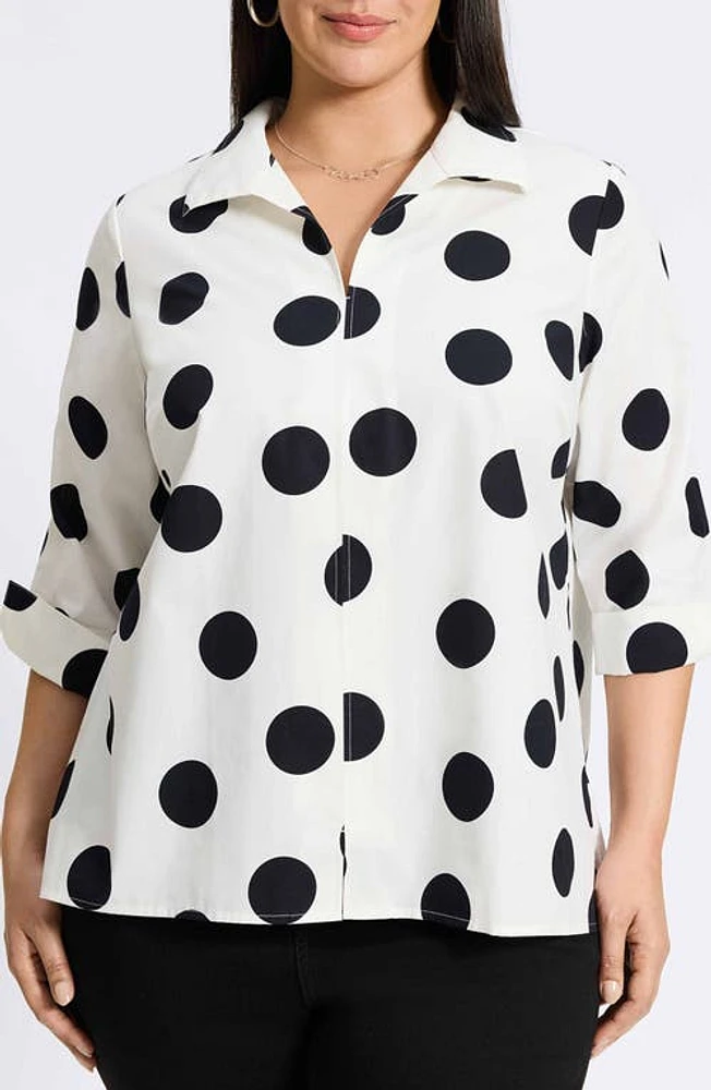 Foxcroft Agnes Dot Print Three-Quarter Sleeve Cotton Popover Top White/Black at Nordstrom,