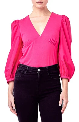 English Factory Balloon Sleeve Mixed Media Top Magenta at Nordstrom,