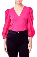 English Factory Balloon Sleeve Mixed Media Top Magenta at Nordstrom,