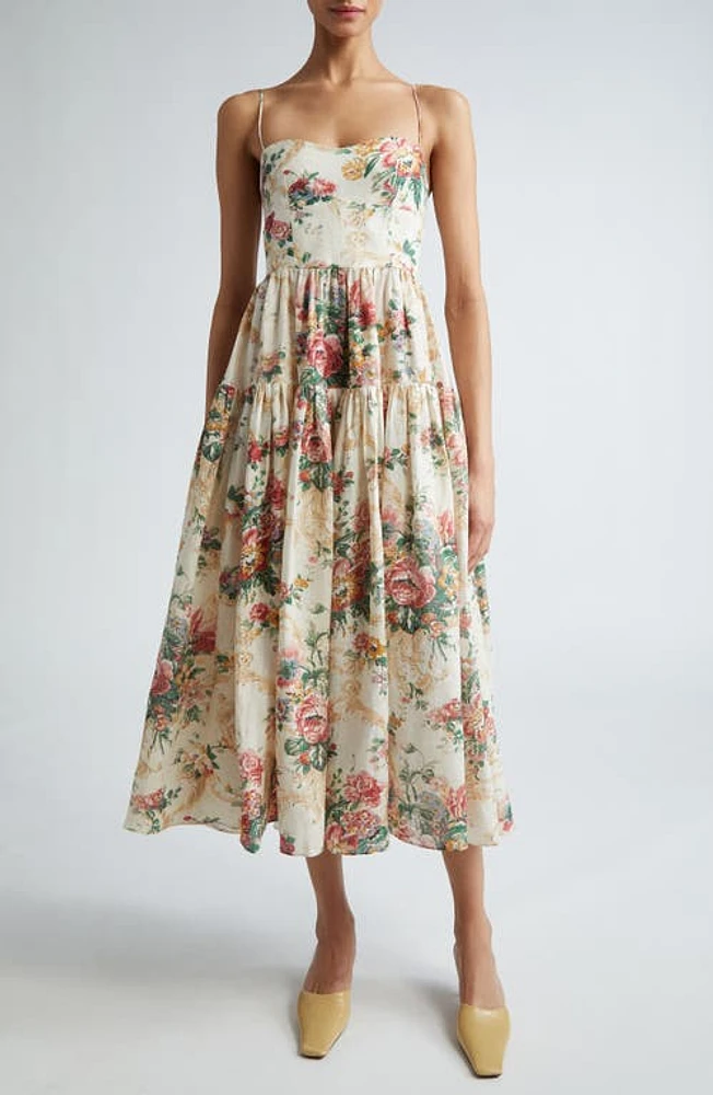 Erdem Floral Tiered Linen Fit & Flare Dress in Ecru And Multi at Nordstrom, Size 2 Us