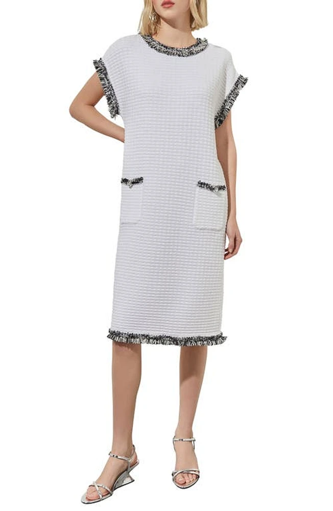 Ming Wang Fringe Trim Tweed Shift Dress White/Black at Nordstrom,