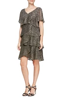 SL FASHIONS Tiered Shimmer Metallic Flutter Sleeve Dress Black Gold at Nordstrom,