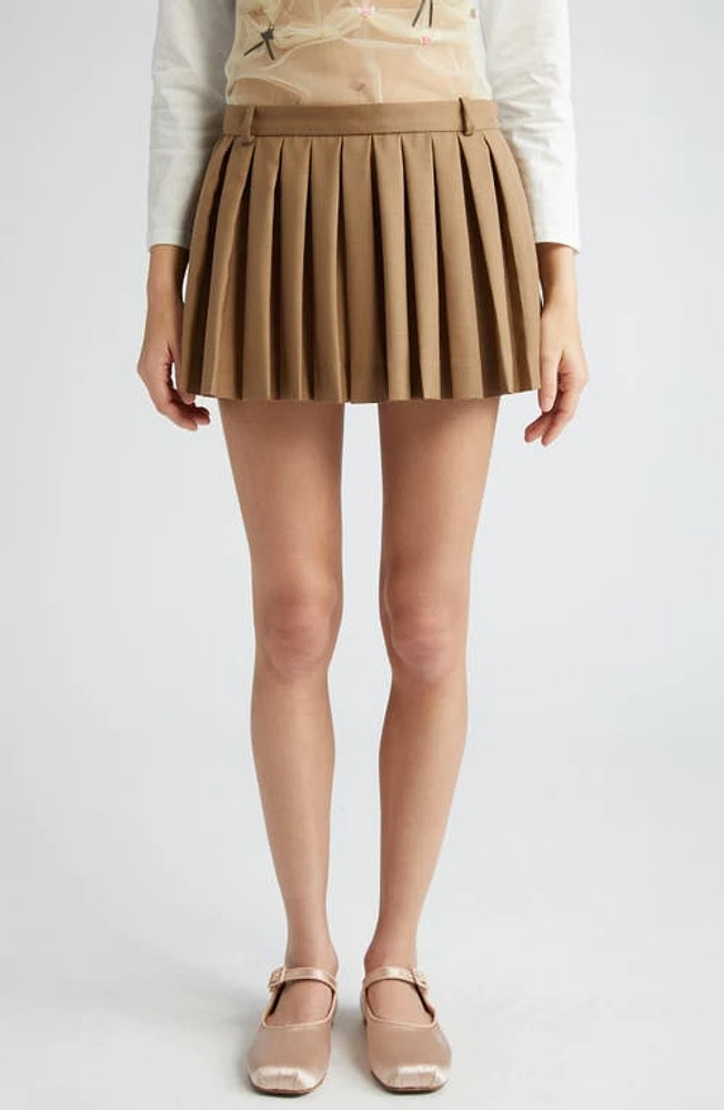 Sandy Liang Poko Eyelet Inset Pleated Wool Blend Miniskirt in Taupe at Nordstrom, Size 10