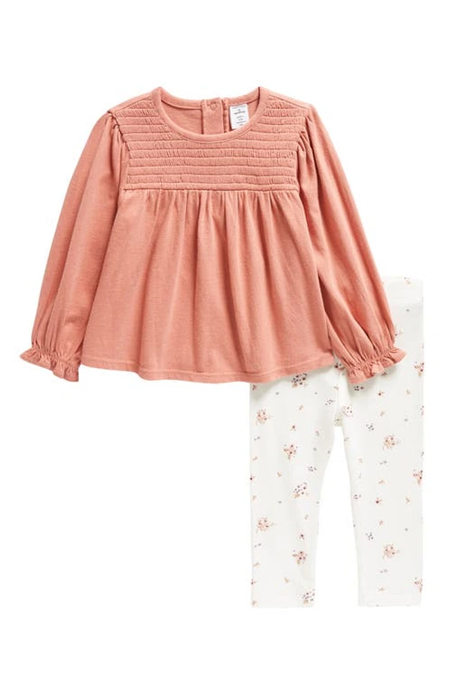 Nordstrom Smocked Top & Floral Leggings Set in Pink Brick- Little Bouquet at Nordstrom, Size Newborn