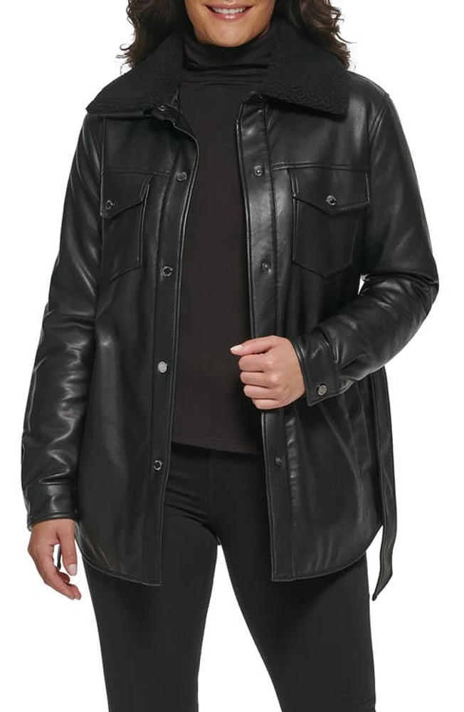 Kenneth Cole Faux Leather Tie Belt Shacket with Removable Shearling Collar at Nordstrom,