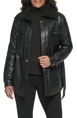 Kenneth Cole Faux Leather Tie Belt Shacket with Removable Shearling Collar at Nordstrom,