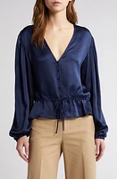 FRAME Tie Waist Ruffle Hem Silk Top Navy at Nordstrom,