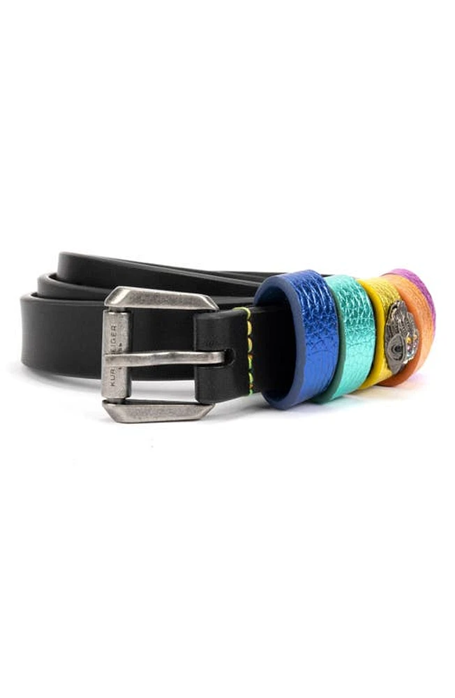 Kurt Geiger London Rainbow Keeper Leather Belt Black/Antique Silver at Nordstrom,