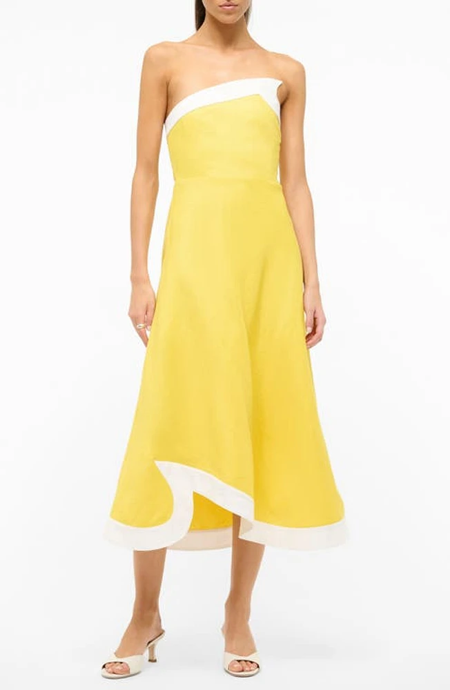 STAUD Contrast Detail Strapless Linen Dress Sunrise/White at Nordstrom,