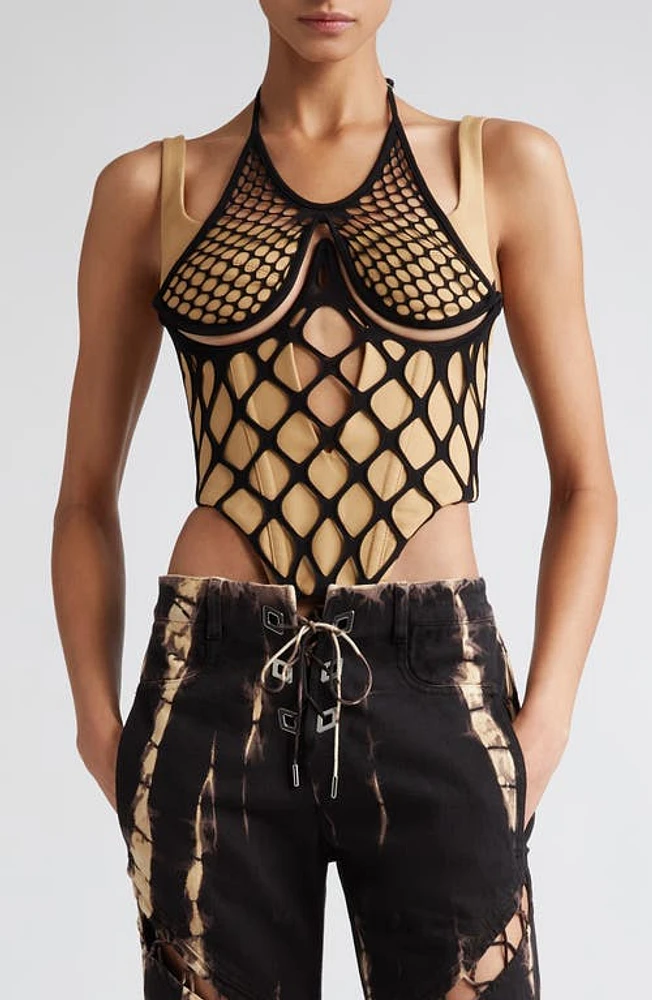 Dion Lee Fishnet Overlay Corset Top Black/Dune at Nordstrom, Us