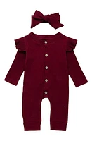 Ashmi & Co. Lilly Ruffle Shoulder Romper & Bow Headband Set in Wine Red at Nordstrom, Size 6-9M