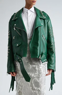 Erdem Studded Oversize Leather Biker Jacket in Green at Nordstrom, Size Small