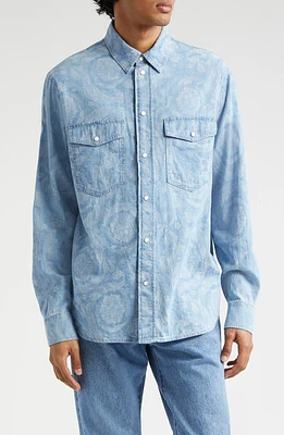 Versace Baroque Cotton Chambray Snap-Up Shirt Light Blue at Nordstrom, Us