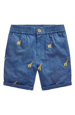 Mini Boden Kids' Giraffe Embroidered Linen & Cotton Roll-Up Shorts Chambray Embroidery at Nordstrom,