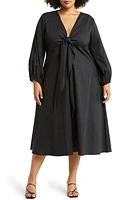 HARSHMAN Novella Knot Front Long Sleeve Midi Dress Black at Nordstrom,