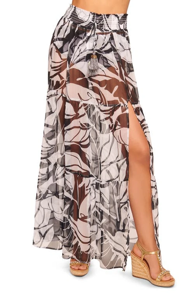 Ramy Brook Cecelia Semisheer Cover-Up Maxi Skirt Black/White Exotic Palm Print at Nordstrom,