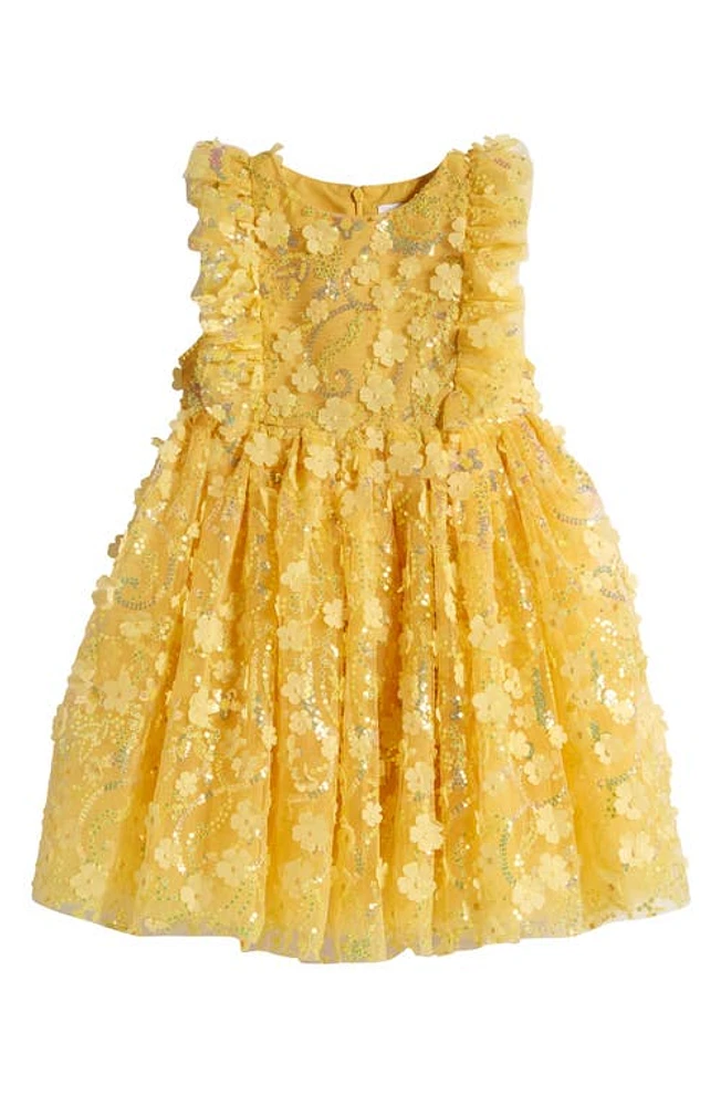 Lola & the Boys Kids' Little Miss Sunshine Floral Sequin Party Dress Yellow at Nordstrom,