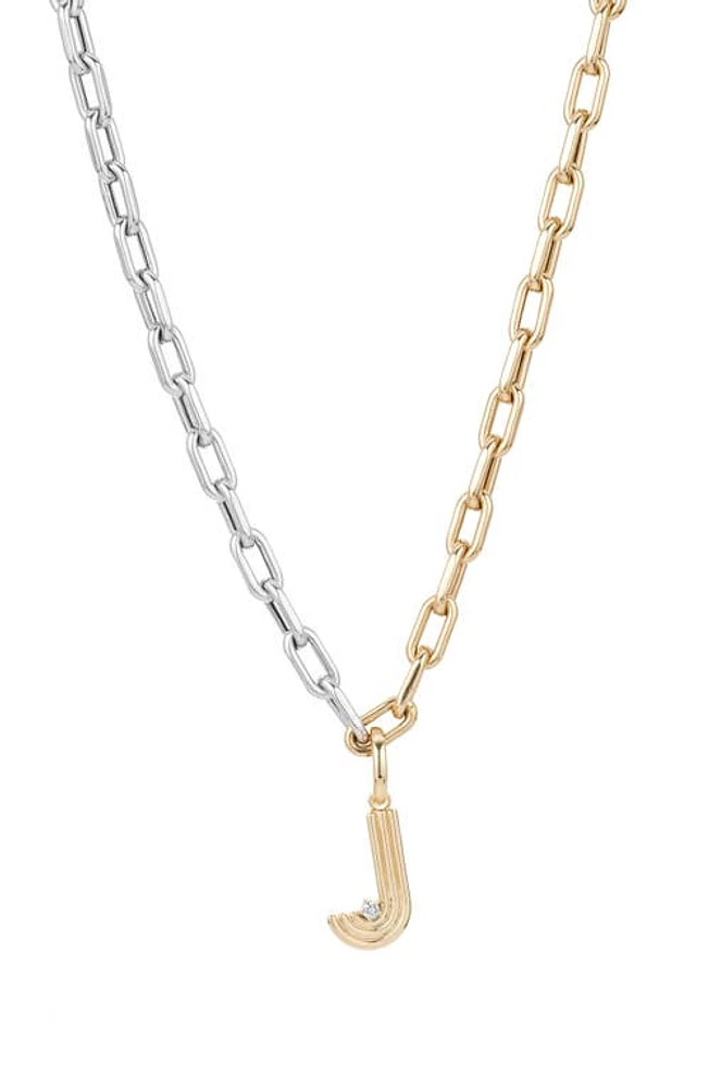 Adina Reyter Two-Tone Paper Cip Chain Diamond Initial Pendant Necklace in Yellow Gold - J at Nordstrom, Size 16