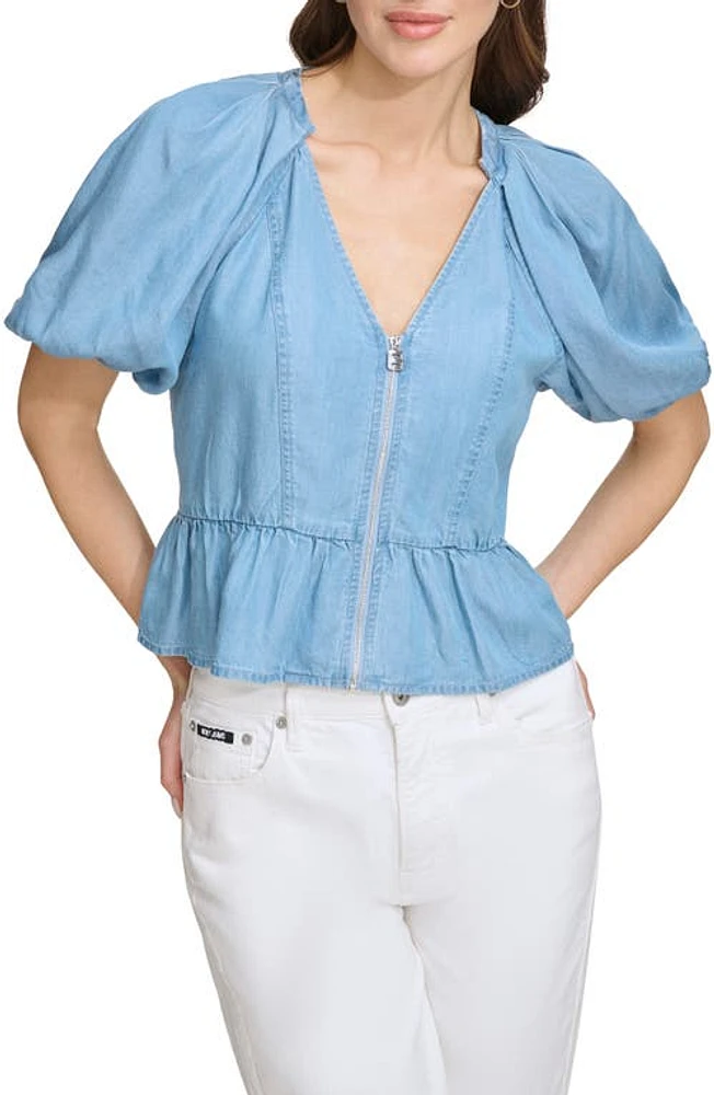 DKNY Front Zip Peplum Chambray Top Glacier at Nordstrom,