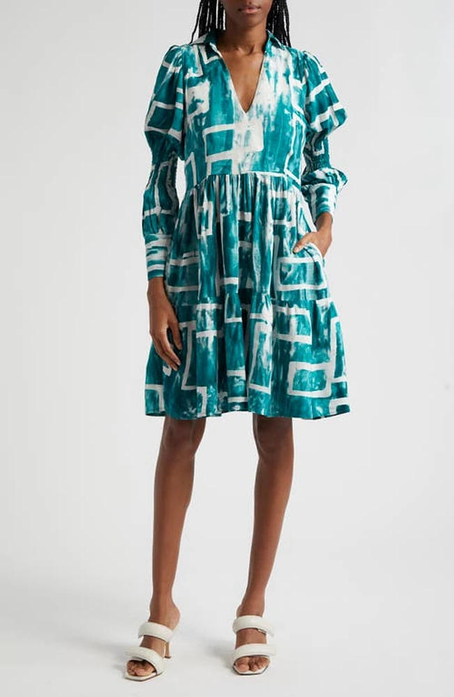 BUSAYO Wande Long Sleeve A-Line Dress White/Green at Nordstrom,