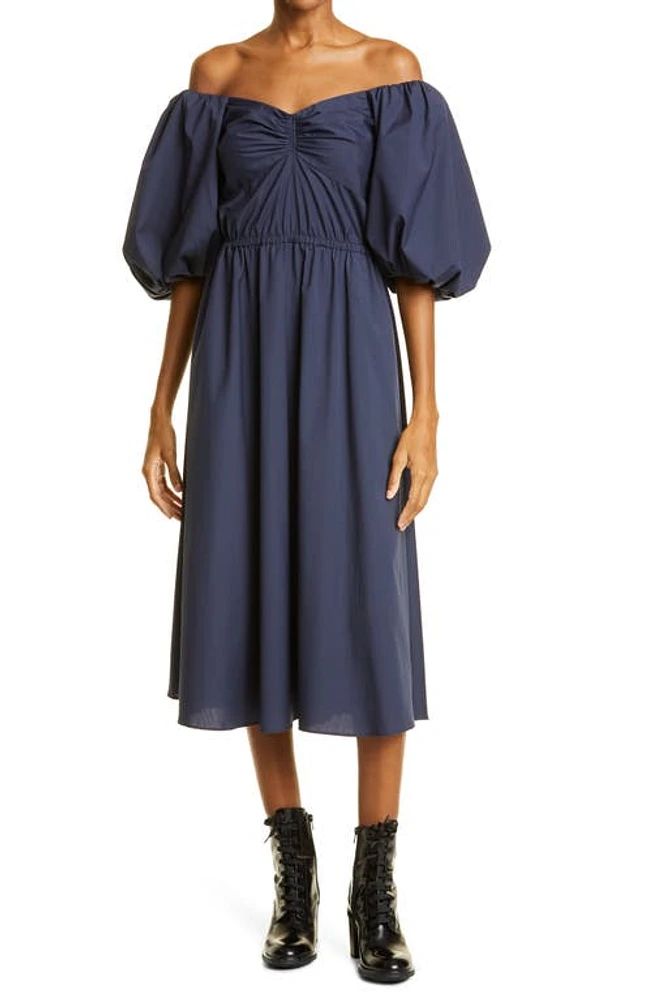 JASON WU Collection Off the Shoulder Balloon Sleeve Poplin Midi Dress in Navy at Nordstrom, Size 2