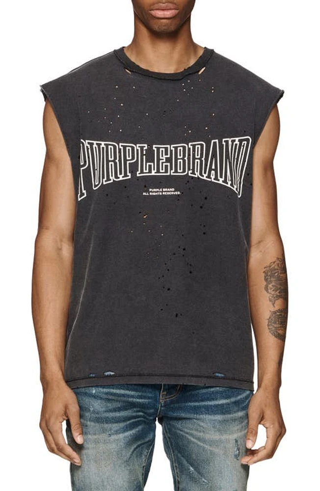 PURPLE BRAND Distressed Sleeveless Graphic T-Shirt Black at Nordstrom,