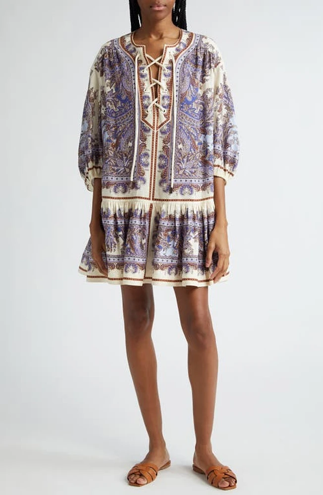 Zimmermann Ottie Paisley Lace-Up Linen Minidress Purple at Nordstrom,